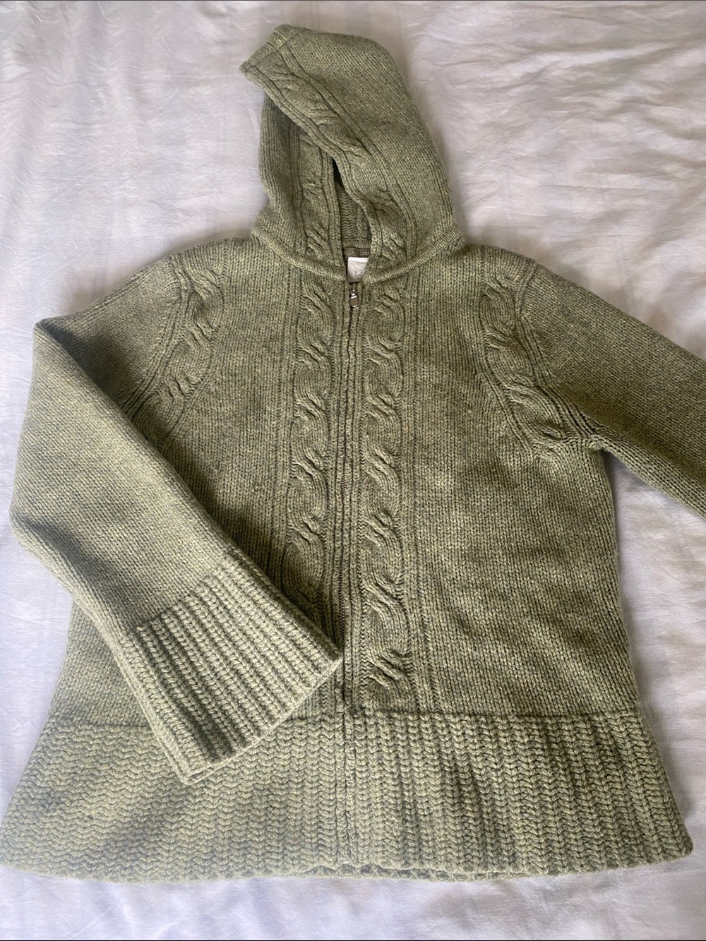 Vintage J. Crew 100% Wool Green Cable-Knit Hooded Zip-up Sweater